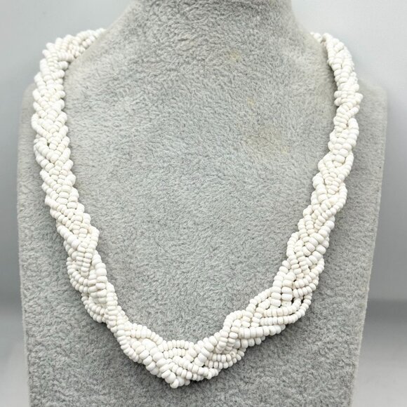 Vintage white milk glass braided beaded necklace - Picture 1 of 4